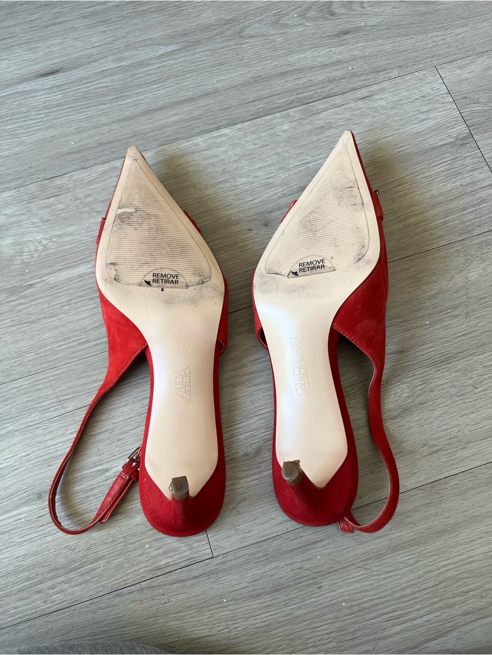 Zara Red Suede Rhinestone Buckle Pointy Toe Sling Backs Sz 38 - Picture 8 of 9